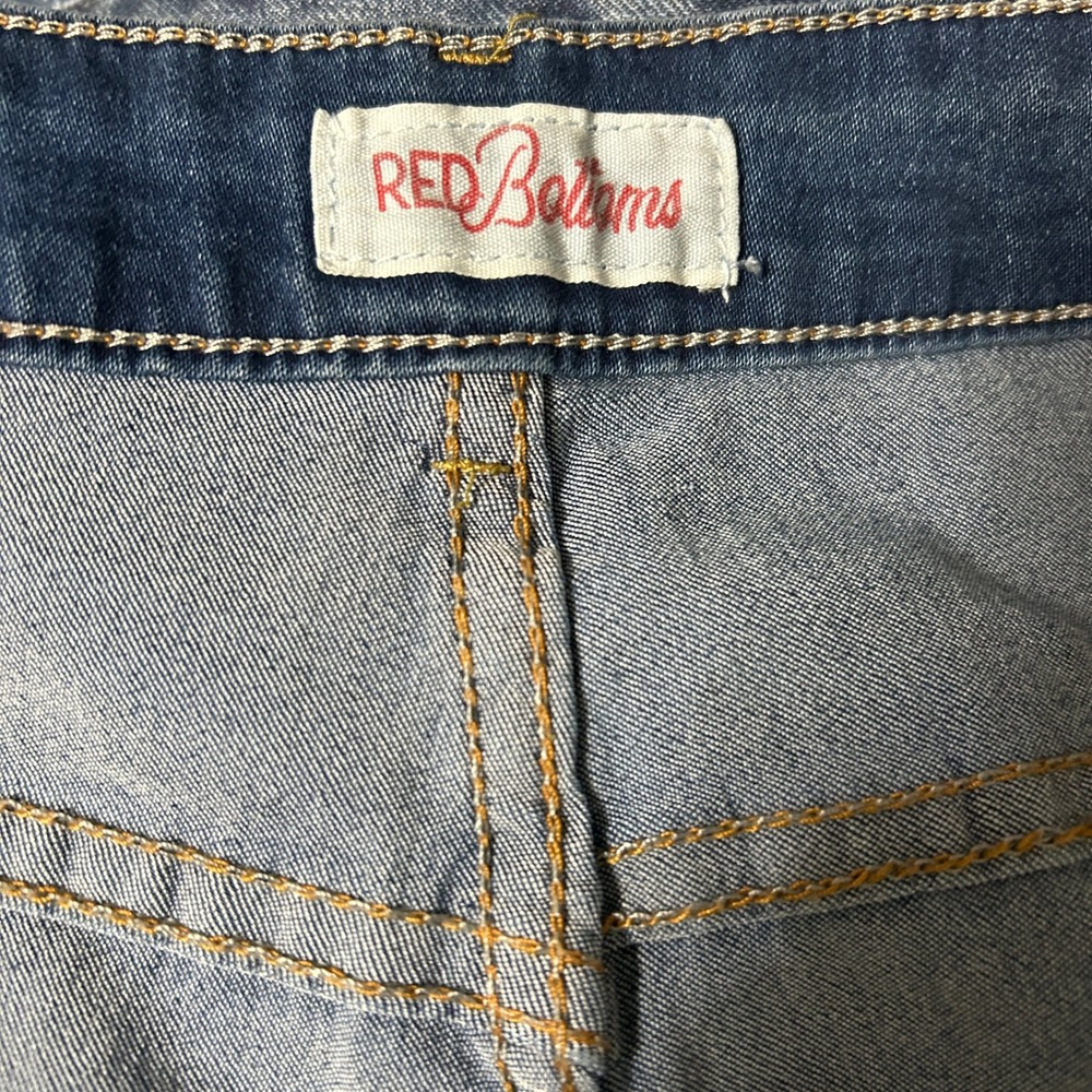 Red Bottoms Flare Jeans Womens 34X30 Blue Raw Hem High Rise Denim Retro Y2k Boho - Picture 9 of 11
